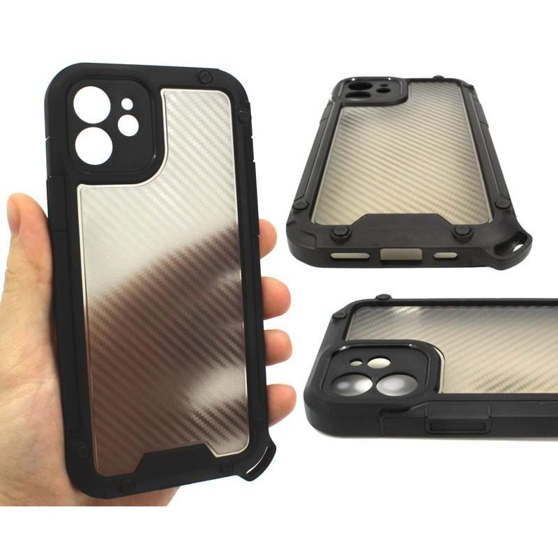 ETUI PANCERNE PROTECT SHIELD na telefon Apple iPhone 12 A2172 czarne ze smyczą