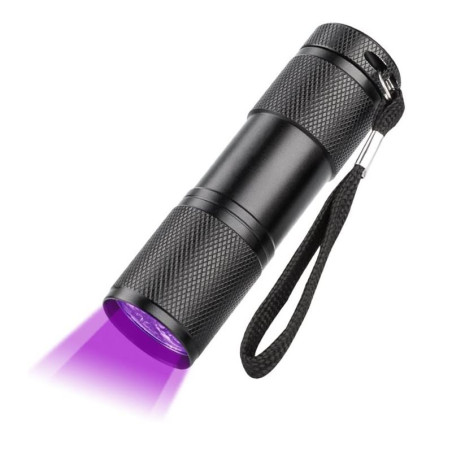 Latarka 9 LED UV fiolet szperacz do szukania bursztyn mocz aluminiowa czarna