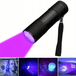 Latarka 9 LED UV fiolet szperacz do szukania bursztyn mocz aluminiowa czarna