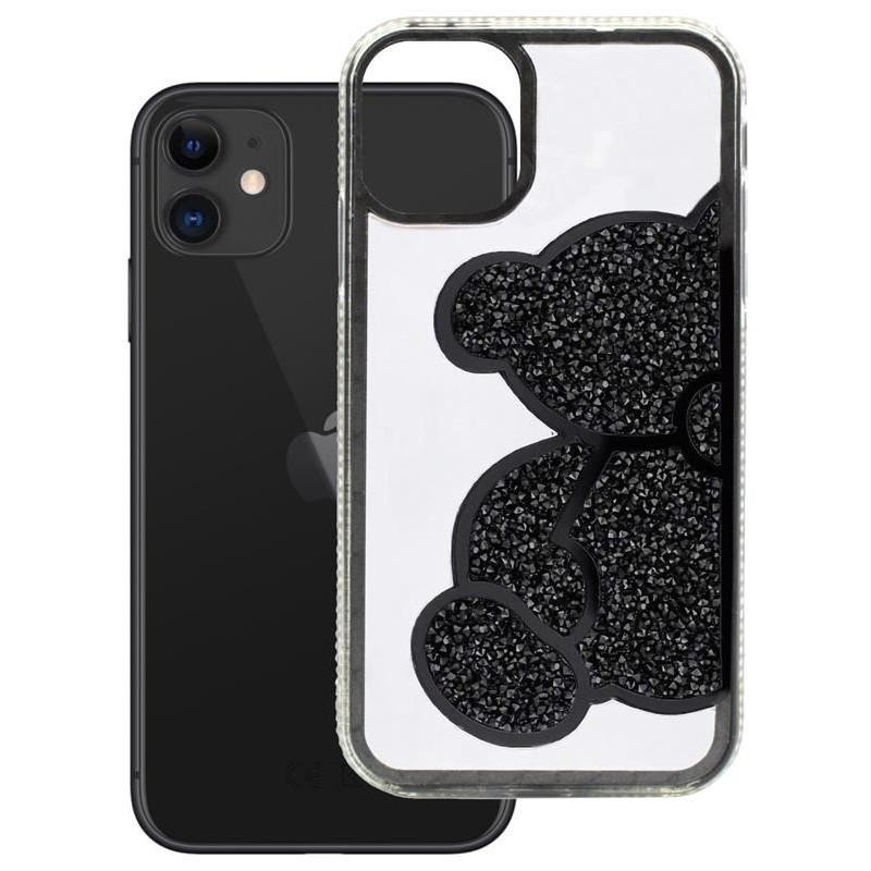 Etui TEDDY BEAR na telefon Apple iPhone 11 A2111 z kryształkami damskie dziewczęce na prezent urodziny święta czarne