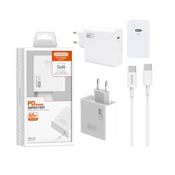 Ładowarka sieciowa USB-C + kabel USB-C PD Power Delivery 65W Q15 GaN biały przewód