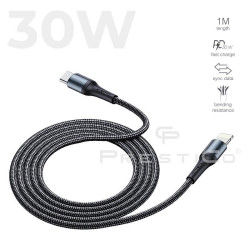 Kabel USB-C PD Power Delivery / Lightning iPhone przewód wspierający SZYBKIE ŁADOWANIE 30W T10 czarny 1m PRESTICO