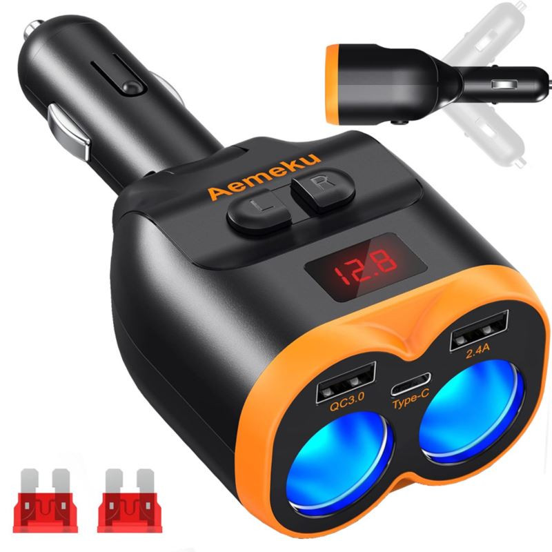 Rozgałęźnik rozdzielacz gniazda zapalniczki samochodowy 12-24V z 2 gniazdami, 2x USB-A QC 3.0 + USB-C 80W z woltomierzem