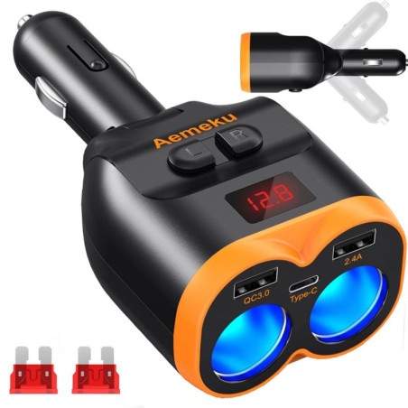 Rozgałęźnik rozdzielacz gniazda zapalniczki samochodowy 12-24V z 2 gniazdami, 2x USB-A QC 3.0 + USB-C 80W z woltomierzem