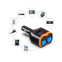 Rozgałęźnik rozdzielacz gniazda zapalniczki samochodowy 12-24V z 2 gniazdami, 2x USB-A QC 3.0 + USB-C 80W z woltomierzem