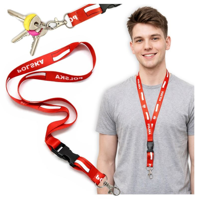 Smycz na szyję Polska na telefon i klucze 20mm 52cm - patriotyczna smycz czerwona