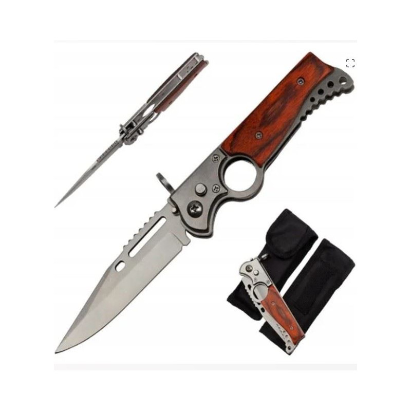 Nóż sprężynowy z drewnianą rączką 24,5cm + etui