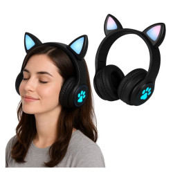 Słuchawki bezprzewodowe nauszne Bluetooth z uszami dla dziecka Kocie Uszy świecące czarne 2 na prezent