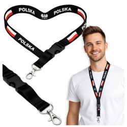 Smycz na szyję Polska na telefon i klucze 20mm 52cm - patriotyczna smycz czarna