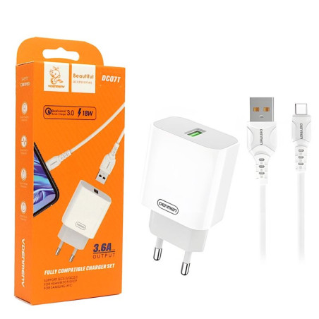 Ładowarka sieciowa do telefonu USB 18W 3.6A z kablem USB-C Quick Charge 3.0 SZYBKIE ŁADOWANIE biała