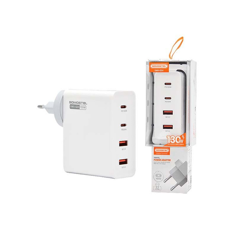Ładowarka sieciowa USB Typ C USB-C PD Power Delivery QC 3.0 Quick Charge x 2 USB Typ A USB-A x 2 130W Q24 GaN biała
