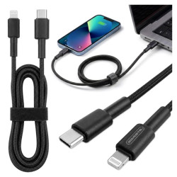 Kabel PD USB-C / Lightning Apple iPhone Nylon 1m czarny przewód wspierający szybkie ładowanie