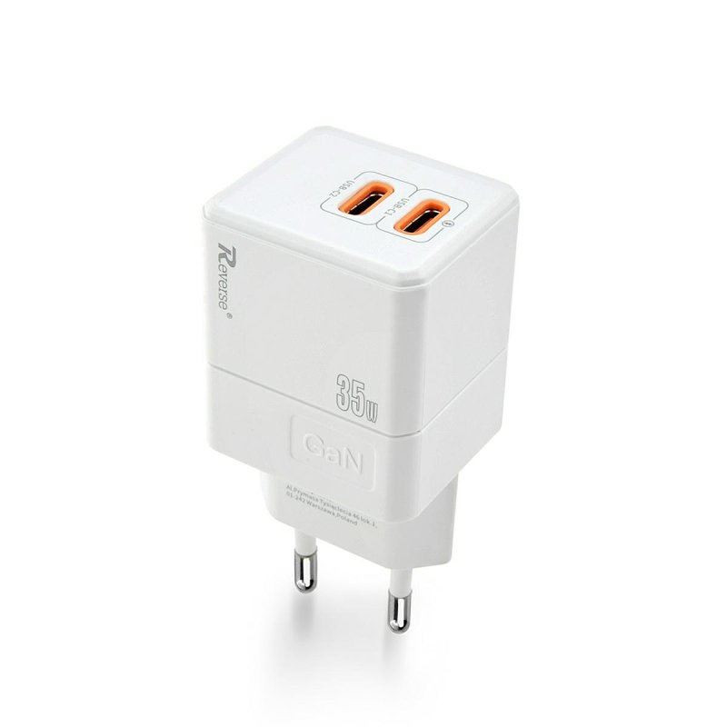 Ładowarka sieciowa U63 USB TYP C USB-C x 2 PD Power Delivery 35W QC Quick Charge 3.0 GaN biała Reverse
