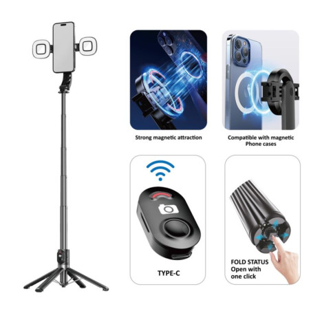 Uchwyt SELFIE STICK TRIPOD aluminiowy z MagSafe Lampa x 2 na telefon smartfon + pilot wysoki długość 22-140cm czarny P07