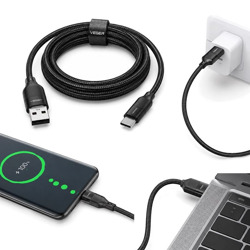 Kabel USB-A do USB-C PD 100W 5A 1,2 m czarny