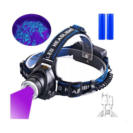 Latarka czołowa LED UV szperacz do szukania bursztyn turystyczna 405nm USB + 2 akumulatory czarna