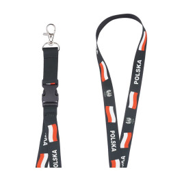 Smycz na szyję Polska na telefon i klucze 20mm 52cm - patriotyczna smycz czarna