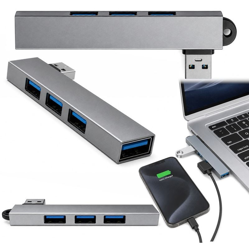 Hub USB-A 4 w 1 rozdzielacz portów 3.0 i 2.0 szary