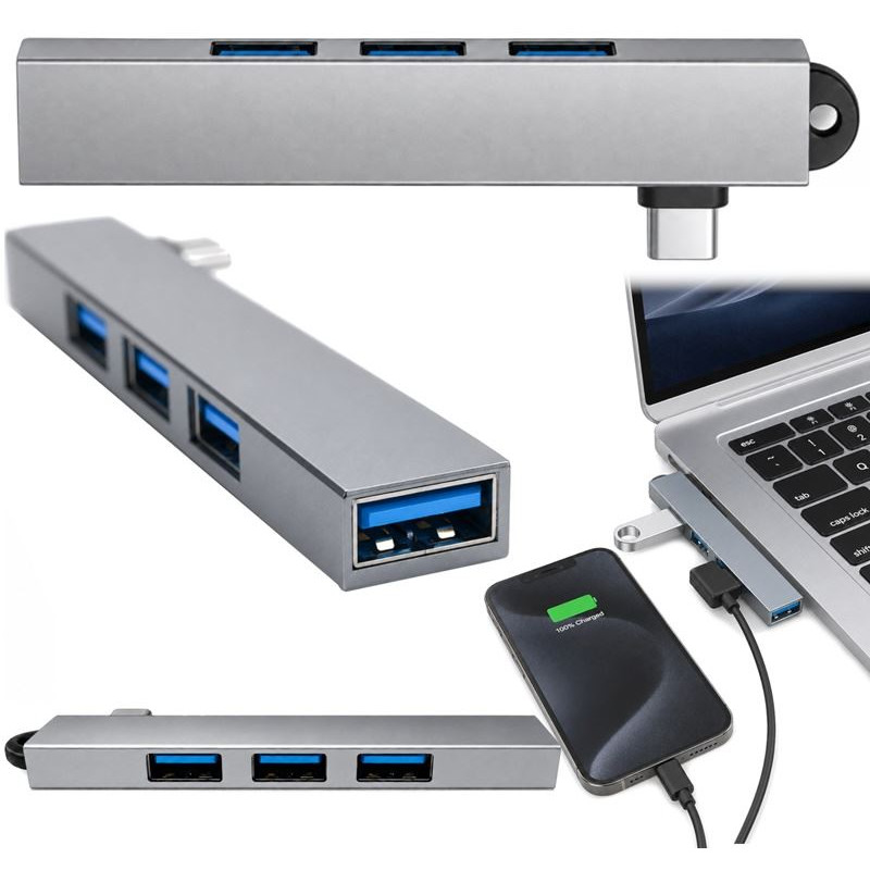 Hub USB-C na 4x USB-A 3.0 i 2.0 aluminiowy szary