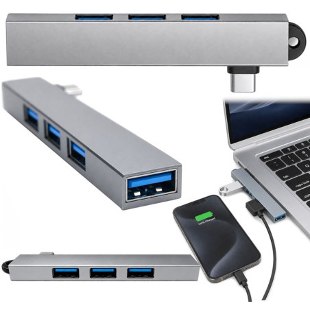 Hub USB-C na 4x USB-A 3.0 i 2.0 aluminiowy szary