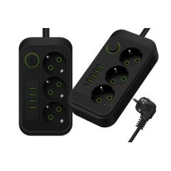 Przedłużacz listwa zasilająca 3 gniazda 230V + 4x USB A + 1x USB C, 2500W, 2m z włącznikiem