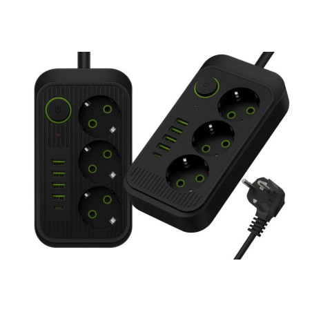 Przedłużacz listwa zasilająca 3 gniazda 230V + 4x USB A + 1x USB C, 2500W, 2m z włącznikiem