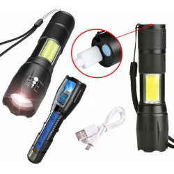 Latarka taktyczna wojskowa survivalowa szperacz LED ZOOM COB mocna aluminiowa 3 tryby + uchwyt + kabel i akumulator